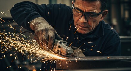 Skilled man wearing glasses grinding metal with sparks flying