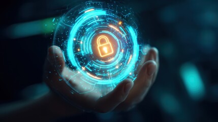 The hand holding a glowing digital lock symbolizing security and technology.