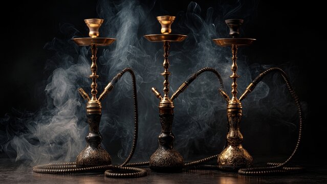 Beautifully designed and elegant hookahs set against a dark background filled with smoke