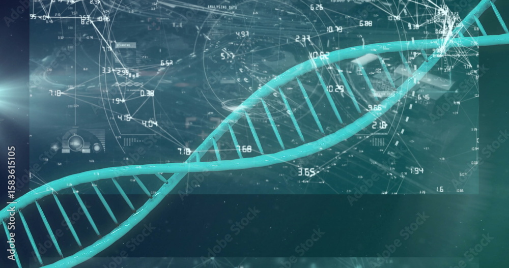 Poster rendering dna double helix spanning teal background, with numeric data and network lines