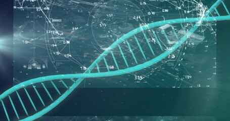 Rendering DNA double helix spanning teal background, with numeric data and network lines