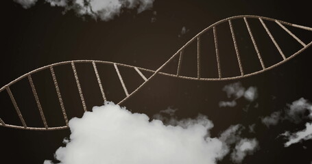 Twisting rope-like double helix structure stretching across dark sky, with grey-white clouds