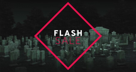 Presenting pink diamond showing FLASH SALE in night cemetery, with tombstones mausoleum and trees