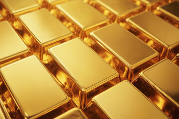 A mesmerizing close-up of numerous shining gold bars arranged in neat rows, reflecting warm light. Symbolizing wealth, success, and valuable investment.