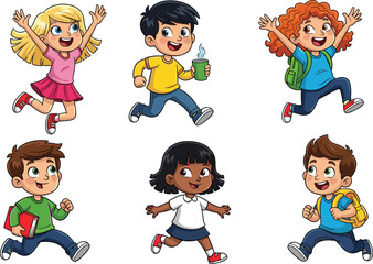 Excited Diverse School Children Running and Jumping with Backpacks and Books, Ready for Learning Adventures, Childhood Joy and Energy, Back to School Fun.