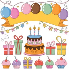 Birthday celebration elements with cake gifts and balloons