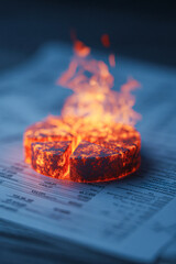 A glowing, fiery pie chart burns intensely on a document, symbolizing financial or statistical data under pressure.