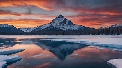 A Majestic Mountain Reflected in an Icy Lake at Sunset, 4k