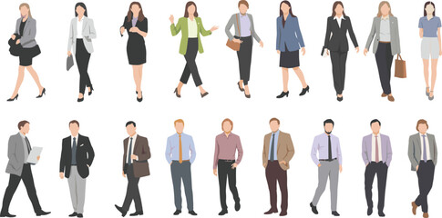 Collection of walking business people in formal office attire, diverse professionals in motion, isolated characters on white background, corporate theme