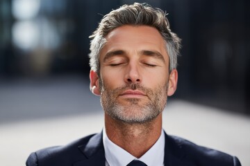 Mature male executive meditating outdoors in daylight