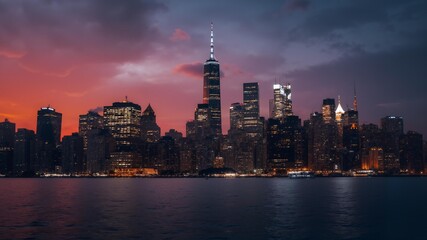 Obraz premium City skyline with skyscrapers at dusk