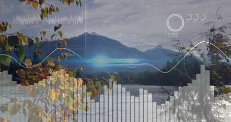 Fototapeta premium Displaying digital overlay with charts hovering at lakeshore, with forest, branches and mountains