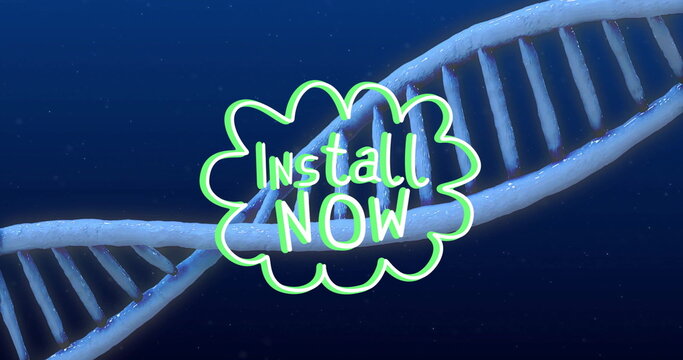 Glowing DNA swirling over cosmic backdrop behind neon green cloud graphic showing Install NOW text