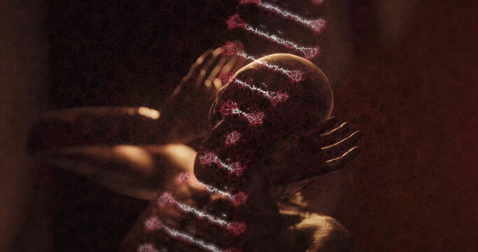 Posing bare-chested man tilting back and cupping temples in studio, projecting double helix pattern - Powered by Adobe