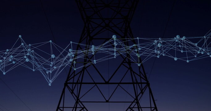 High-voltage tower overlaying glowing network nodes with power line connections in rural dusk sky - Powered by Adobe