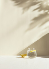 a cold clear glass of lemonade on the table illuminated by a bright light
