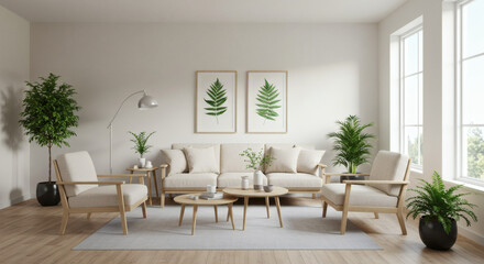 Fototapeta premium Bright, minimalist living room with beige furniture, potted plants, and framed botanical prints.