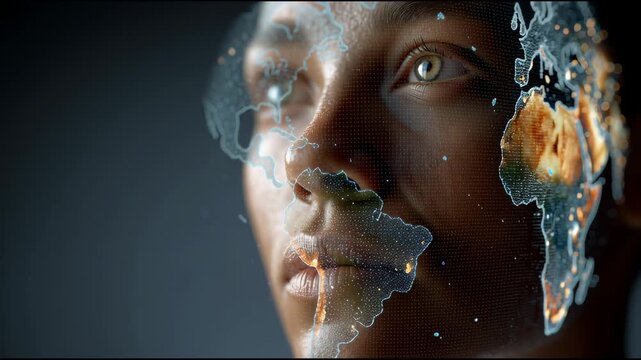 Global Connection: A close-up shot of a human face, where the world map is projected onto the face, representing global awareness and interconnectedness. This image depicts a concept of international.