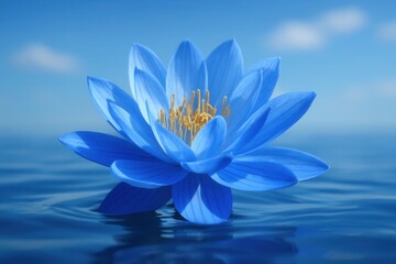 A Blue Lotus Blooms in Serene Blue Waters
