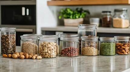 Clear Glass Jars with Various Spices and Nuts on Kitchen Countertop
