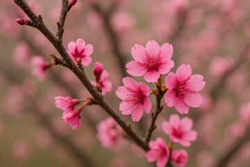 Obraz premium A delicate dance of pink blossoms unfolds on a softly blurred backdrop, capturing the essence of springtime