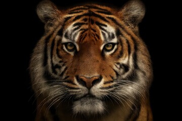 Obraz premium The untamed spirit of a tiger captured in stark contrast against a black backdrop