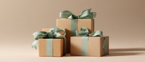 The elegant presentation of beautifully wrapped gifts with green ribbons.