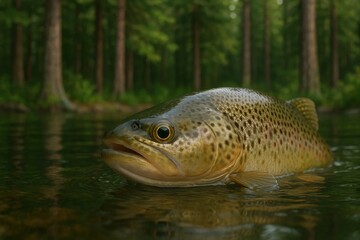 Fototapeta premium A lone brown trout swims through the tranquil waters of a forested stream, its gaze meeting ours as it navigates the serene landscape