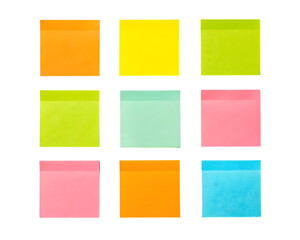 Nine colorful sticky notes arranged in a grid isolated on transparent background