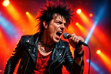 Capturing the essence of rock 'n' roll, a passionate singer belts out a powerful tune on stage