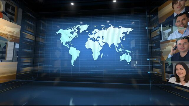 Global Network Interface: A stylized digital world map glows on a high-tech interface, surrounded by a mosaic of faces representing international collaboration and connectivity.