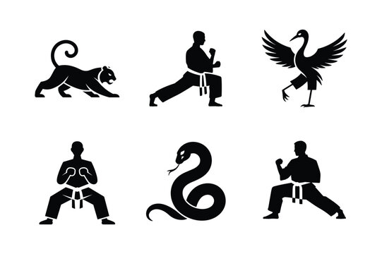 Black silhouettes of martial arts poses and animals karate kung fu