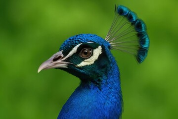 Obraz premium Portrait of a vibrant peacock in profile against a verdant backdrop