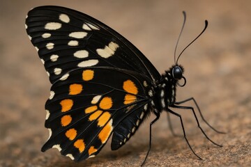 Obraz premium Amidst the rustic canvas of nature, this black butterfly with vibrant orange spots stands poised on a textured surface, embodying the delicate balance and beauty of life