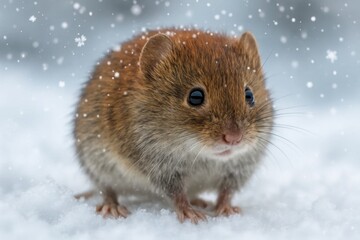 Amidst a winter wonderland, a curious brown mouse peeks out from the snowy canvas