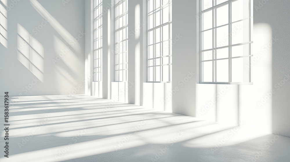 Poster bright empty space with large windows and soft shadows
