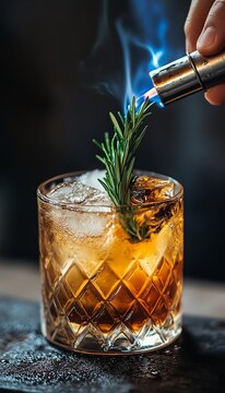 Hand crafting cocktail with rosemary and torch flame, creating an aromatic, elegant beverage experience.