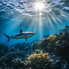 Fototapeta premium Real ocean predator with exotic reef fishes high resolution picture