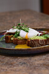 close up serving avocado toast with egg