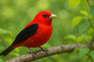 Obraz premium A vibrant red bird with black wings perches on a branch in a lush green forest