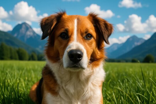 A brown and white dog sits serenely in a lush green field under a clear blue sky, with majestic mountains standing tall in the distance - Powered by Adobe