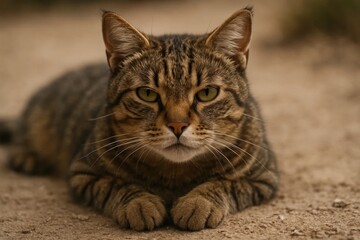 Naklejka premium A tabby cat rests in quiet contemplation on a textured surface