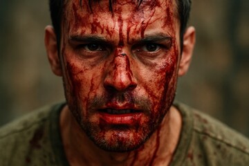 A man with bloodied face, grimacing in a tense moment