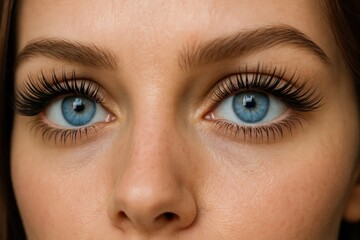 Obraz premium Close-up of a person's eyes with meticulously crafted eyelashes, showcasing a striking contrast between the vibrant blue and the subtle brown tones of their skin