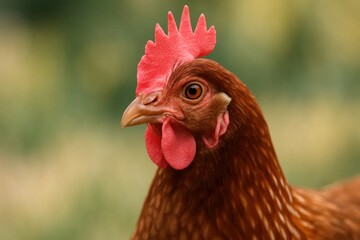 A close-up of a brown hen with striking red comb and wattles against a soft green background