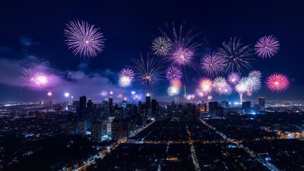 Naklejka premium Fireworks lighting up city skyline at night