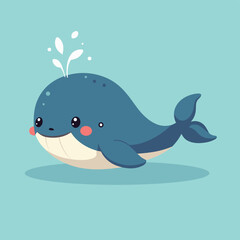 Cute Blue Whale Illustration with Water Splash on Aqua Background