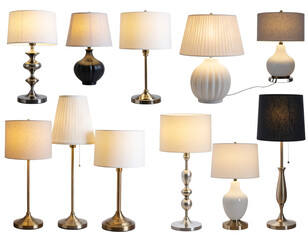 Photorealistic Set of Modern Standing and Table Lamps with Elegant Minimalist Design, Isolated on Transparent Background