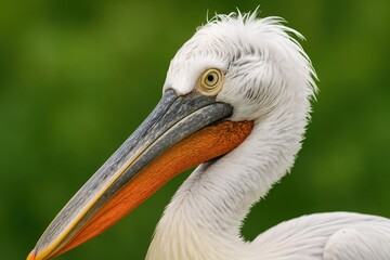 Close-up of a majestic white pelican with striking orange beak against a verdant green backdrop