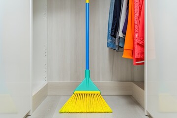 Brightly colored broom resting on a clean wooden floor in a tidy closet with hanging clothes